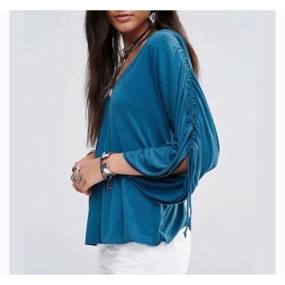 Free People Salt N Peppa Strappy Ruched Sleeve Modal Blend Jade Green Blue Top M - Picture 11 of 11